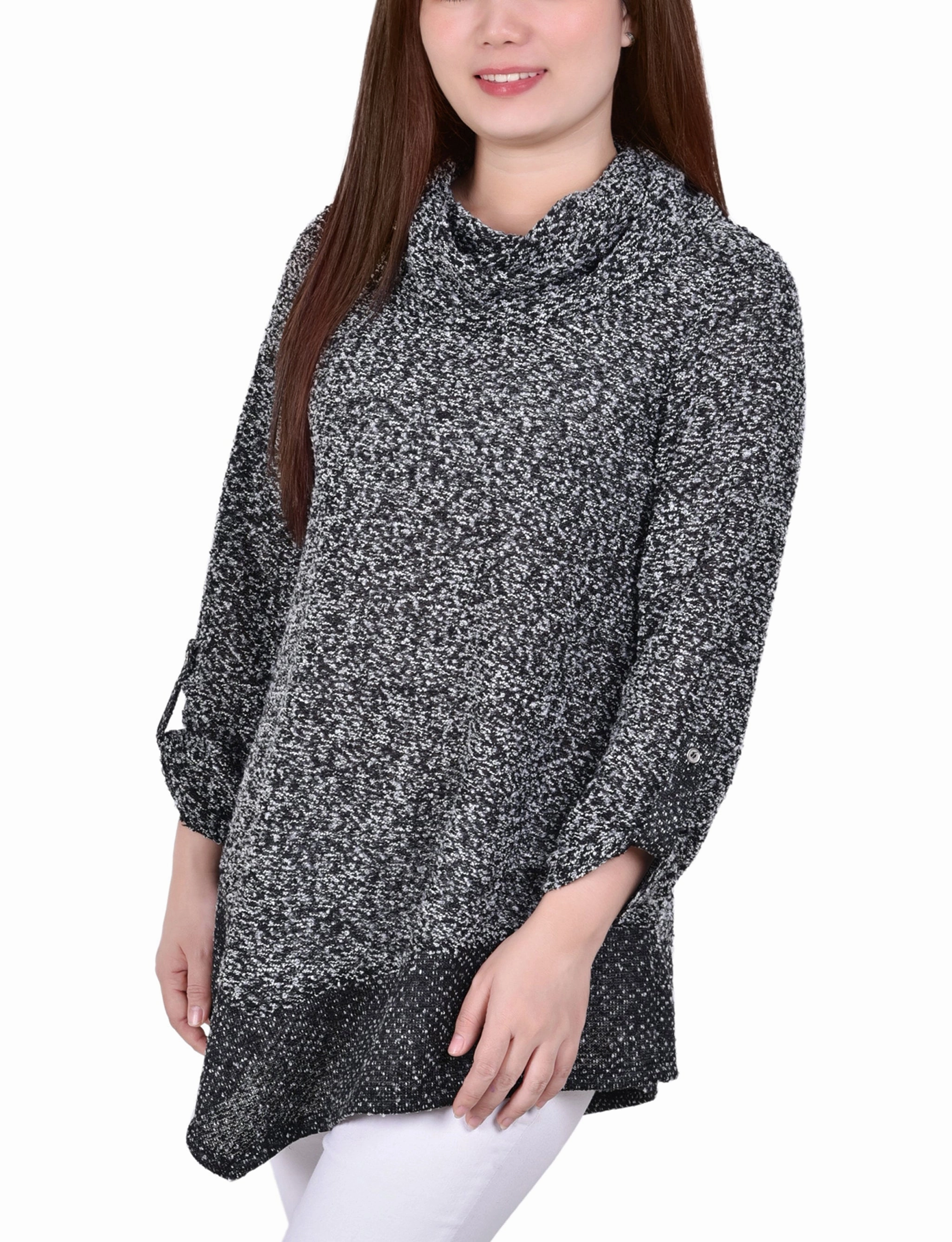 Petite Long Roll Tab Sleeve Nubby Cowl Neck Top DoubleStitched Hemming