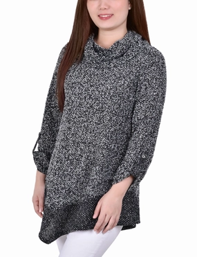 BoxySilhouette ErgonomicSleeves Petite Long Roll Tab Sleeve Nubby Cowl Neck Top