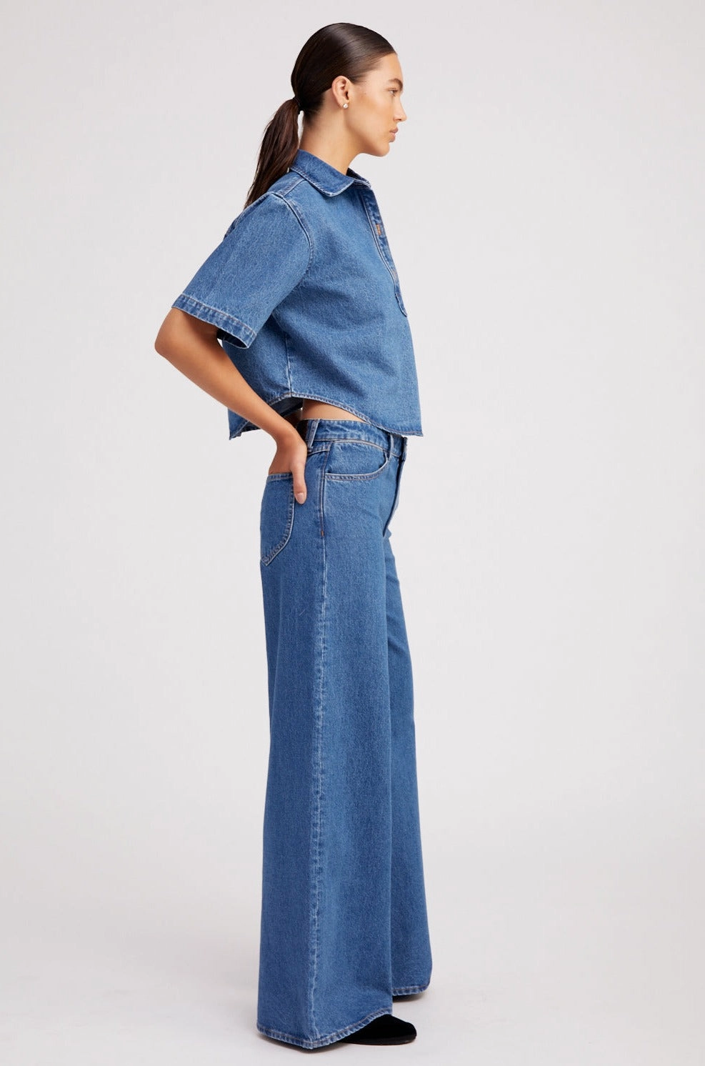Coco Denim Cropped Oversized Henley Shirt FrictionResistantEdges MicroPerforated Details