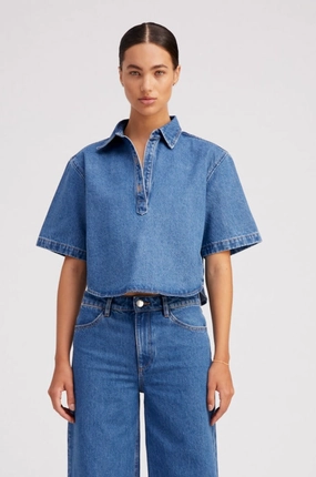 Coco Denim Cropped Oversized Henley Shirt Eco Friendly Dye Process Reinforced Hems