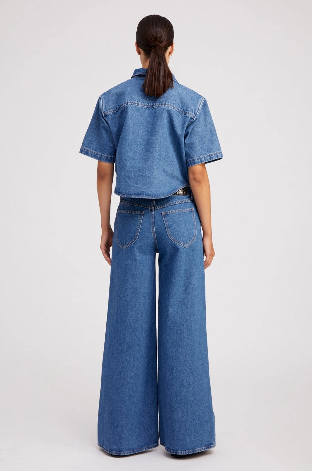Coco Denim Cropped Oversized Henley Shirt SoftInteriorLining HighStretchElastic