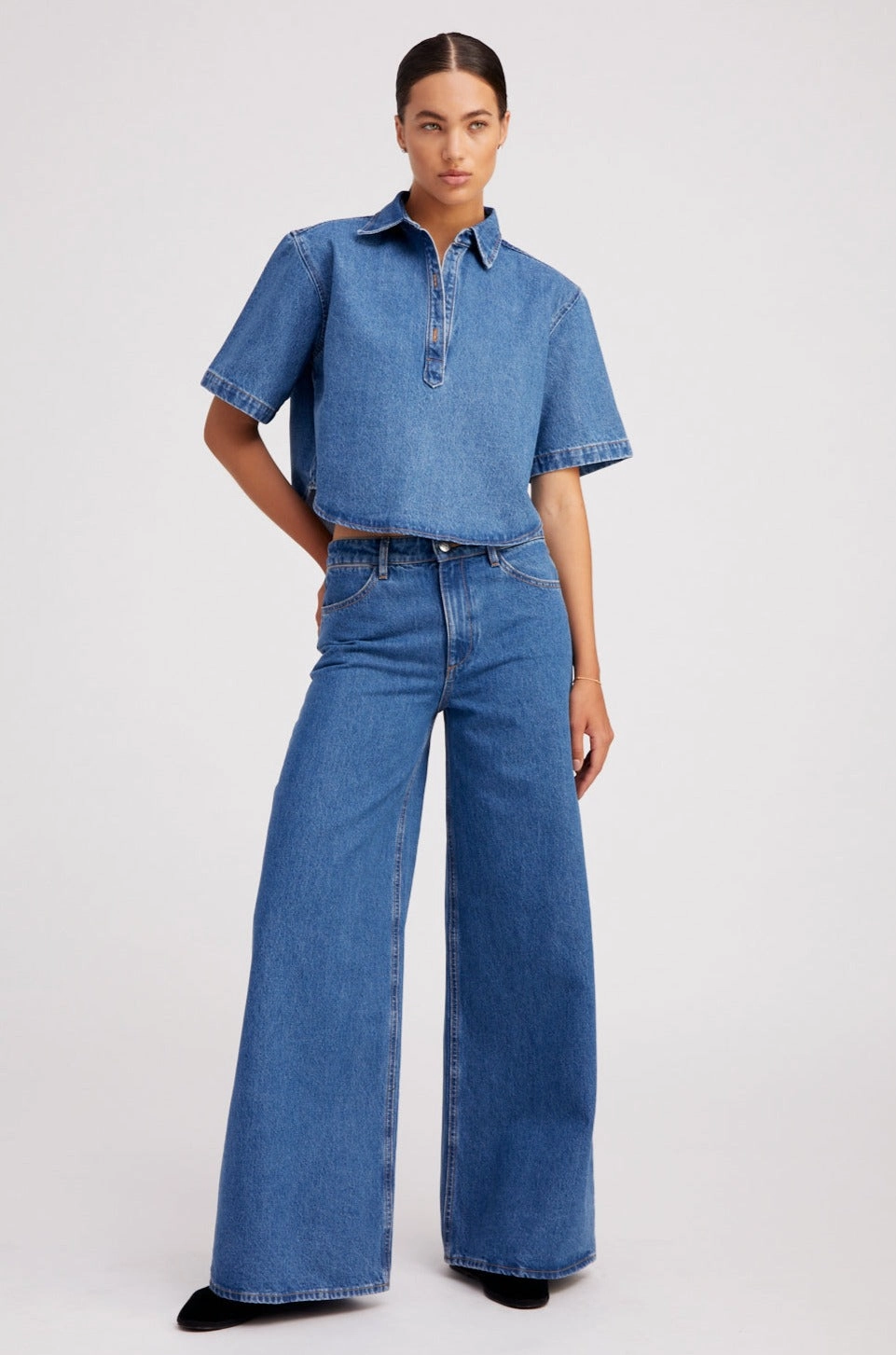 V-neck Shirt Coco Denim Cropped Oversized Henley Shirt
