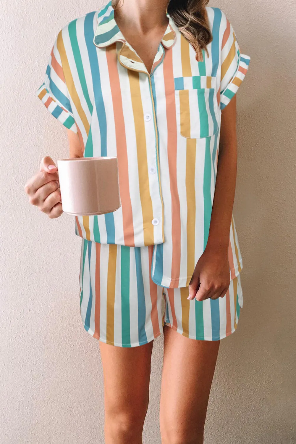 Multicolor Striped Button Down Shirt And Shorts Set Nightwear