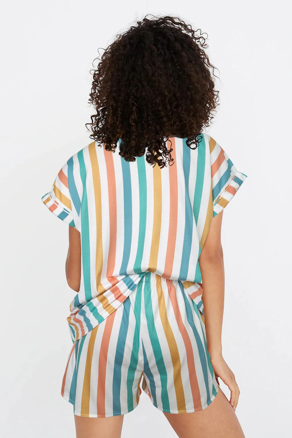 Multicolor Striped Button Down Shirt And Shorts Set Nightwear