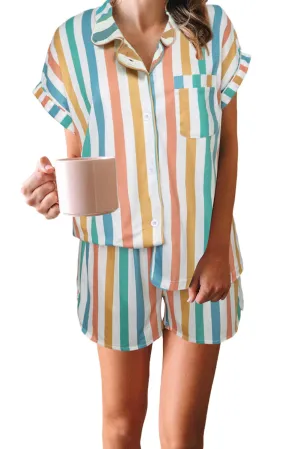 Multicolor Striped Button Down Shirt And Shorts Set Nightwear