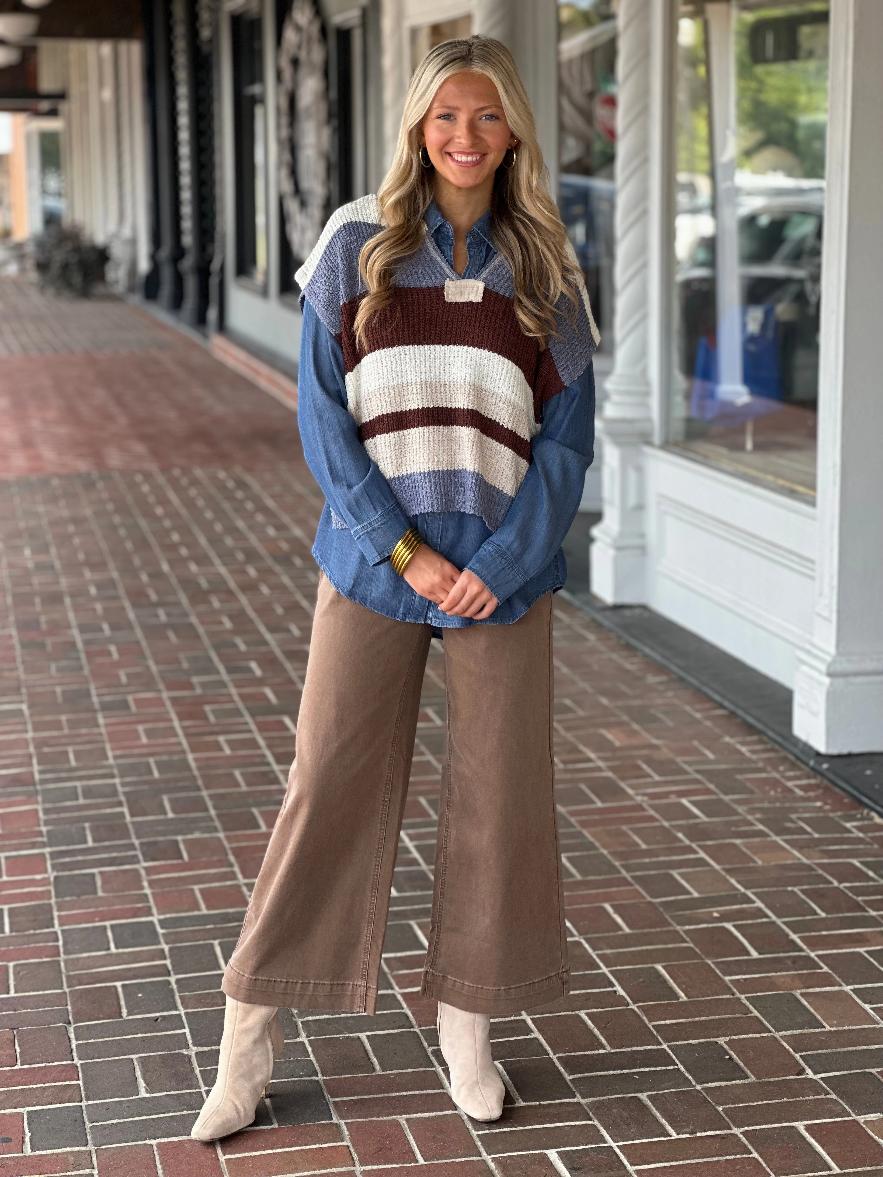 Flowy Tunic Multicolor Striped Cap Sleeve Sweater in Frosted Mocha