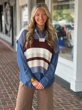 Breathable Construction Multicolor Striped Cap Sleeve Sweater in Frosted Mocha