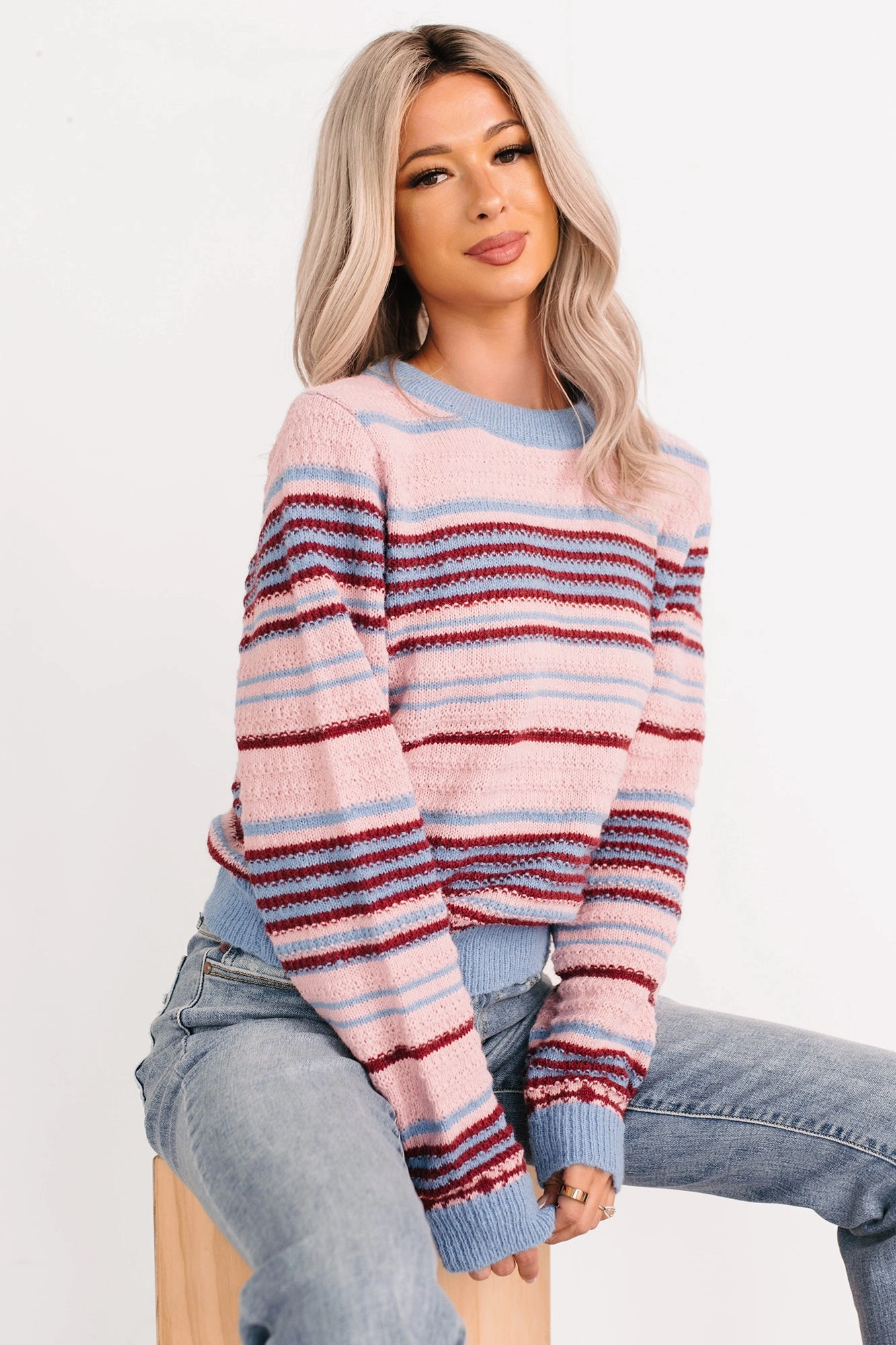 AbrasionResistant Surface Sporty Top Pure Sunshine Striped Knit Sweater (Pink/Blue/Wine)
