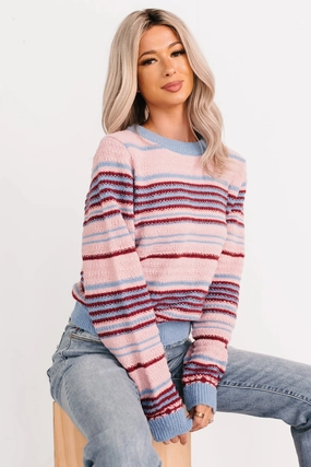 Pure Sunshine Striped Knit Sweater (Pink/Blue/Wine) Quick-Dry PreShrunkFabric