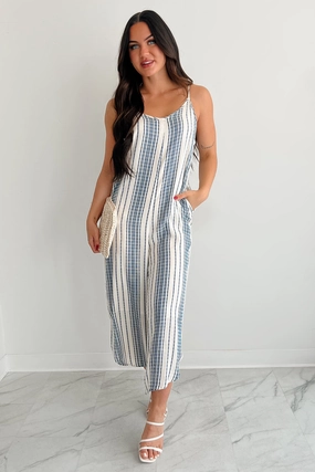 Worn With The Wind Sleeveless Striped Jumpsuit (Ivory/ Blue) Stretch Blouse