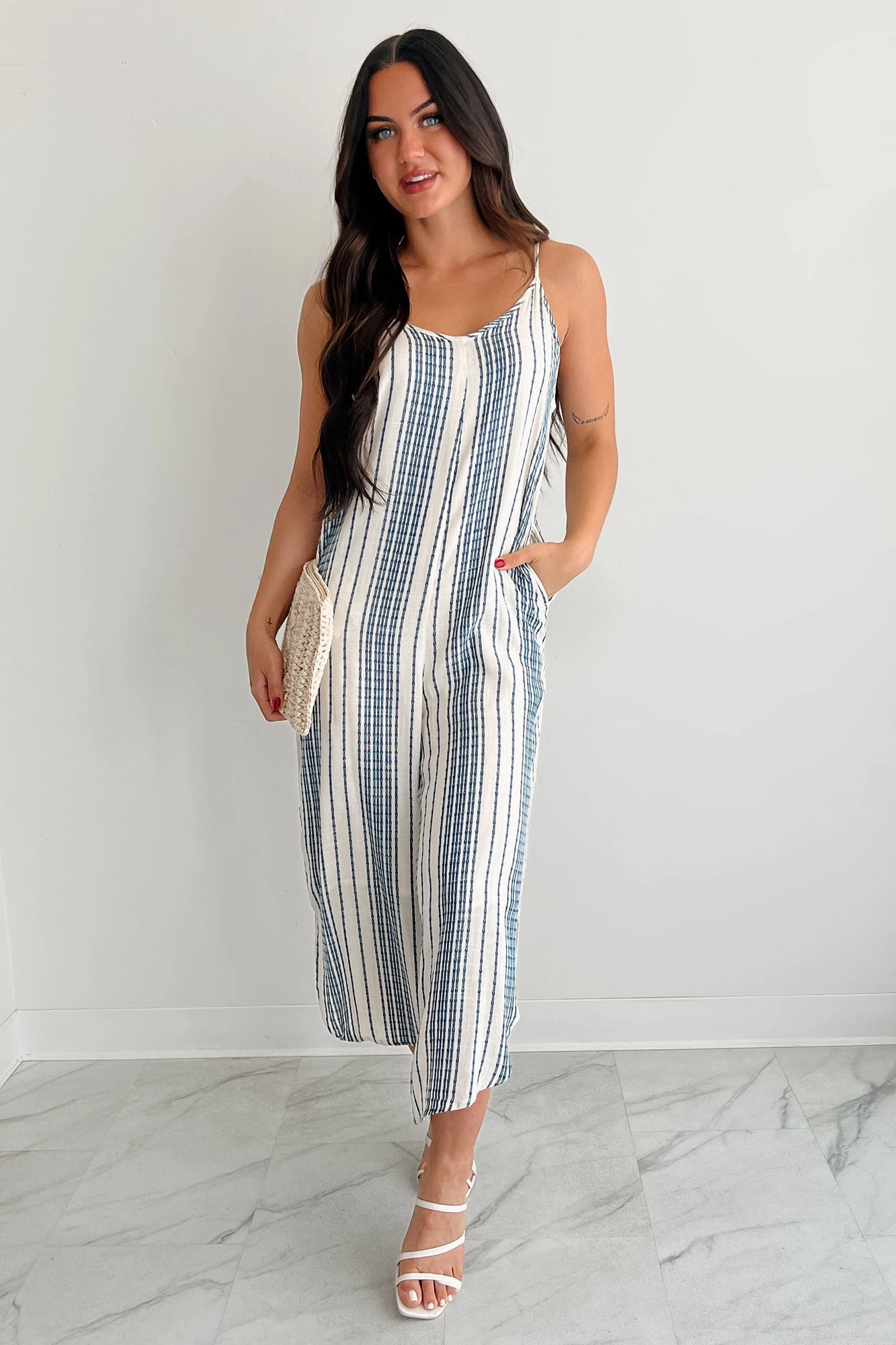 Worn With The Wind Sleeveless Striped Jumpsuit (Ivory/ Blue) TactileWeave Sustainable Material Blend
