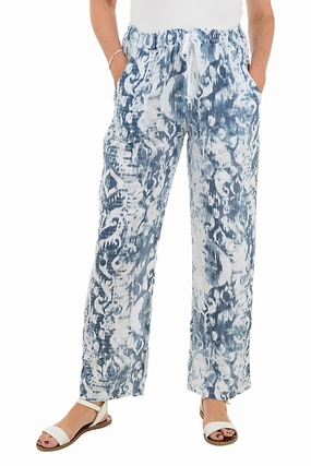 Modern Relaxed Light Shape Navy Ikat Linen Pant