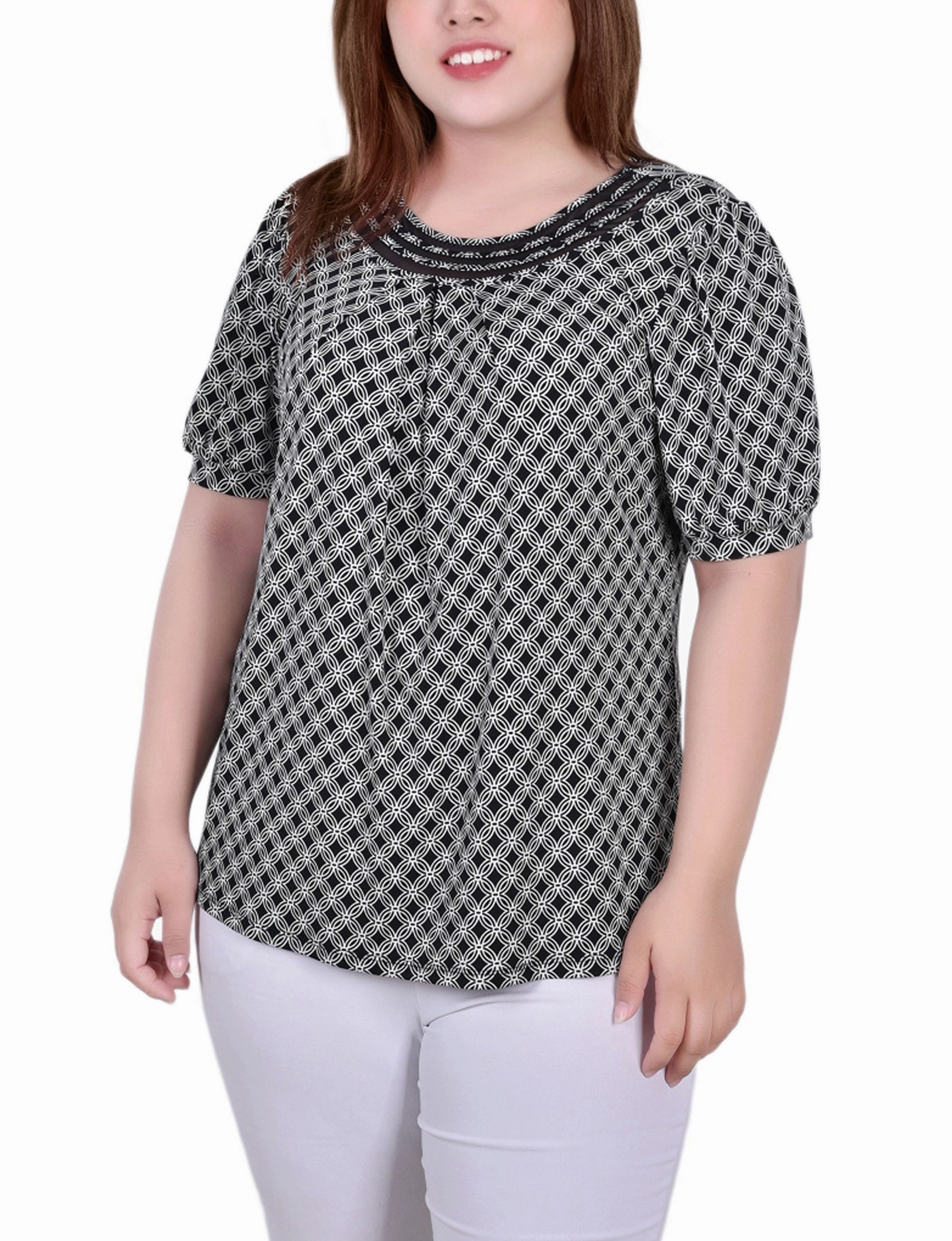 Plus Size Short Puff Sleeve Sheer Inset Top RecycledPolyesterBlend