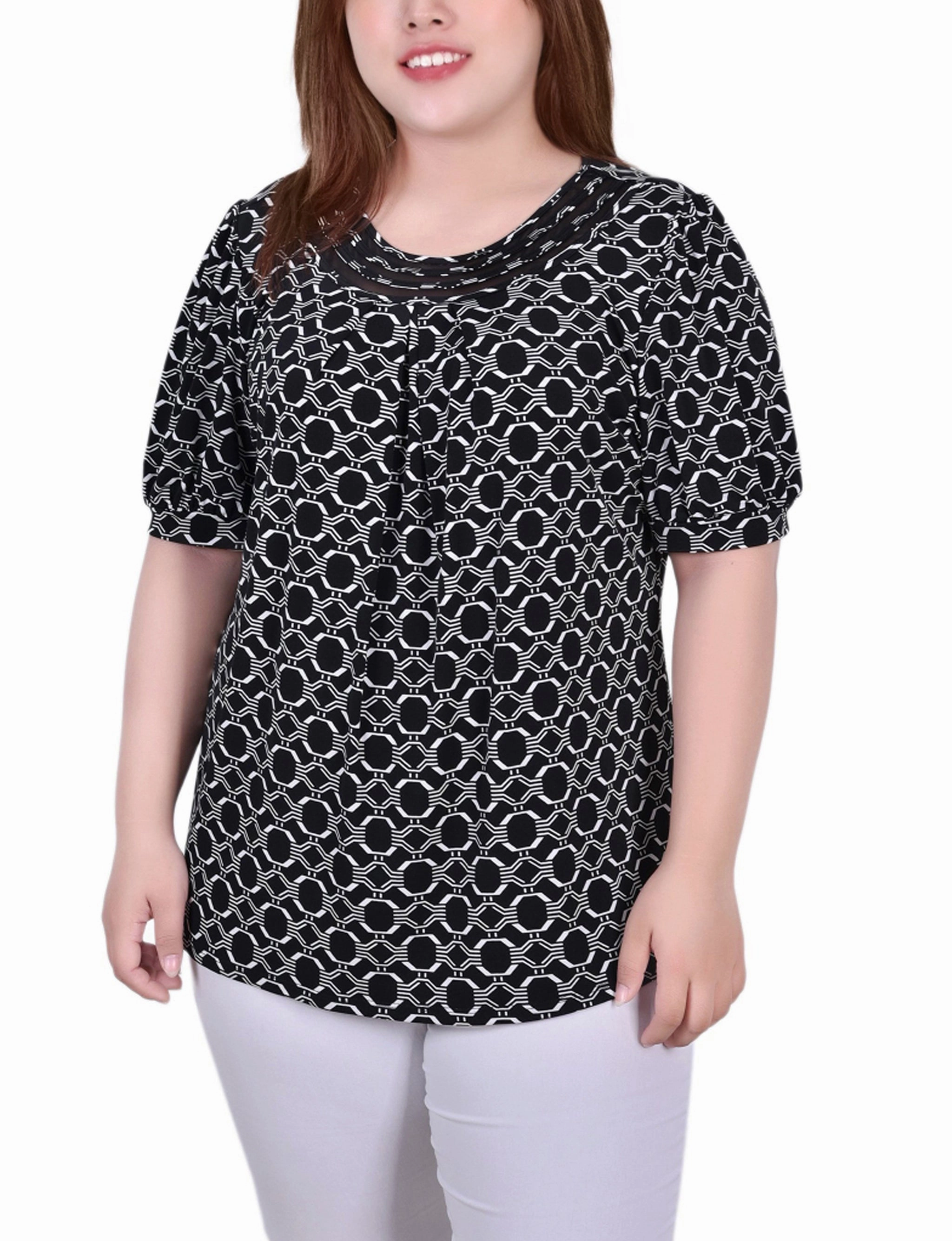 Plus Size Short Puff Sleeve Sheer Inset Top Moisture Wicking Fabric Layered Neckline Details