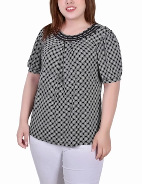 Plus Size Short Puff Sleeve Sheer Inset Top Stretchable Neckline