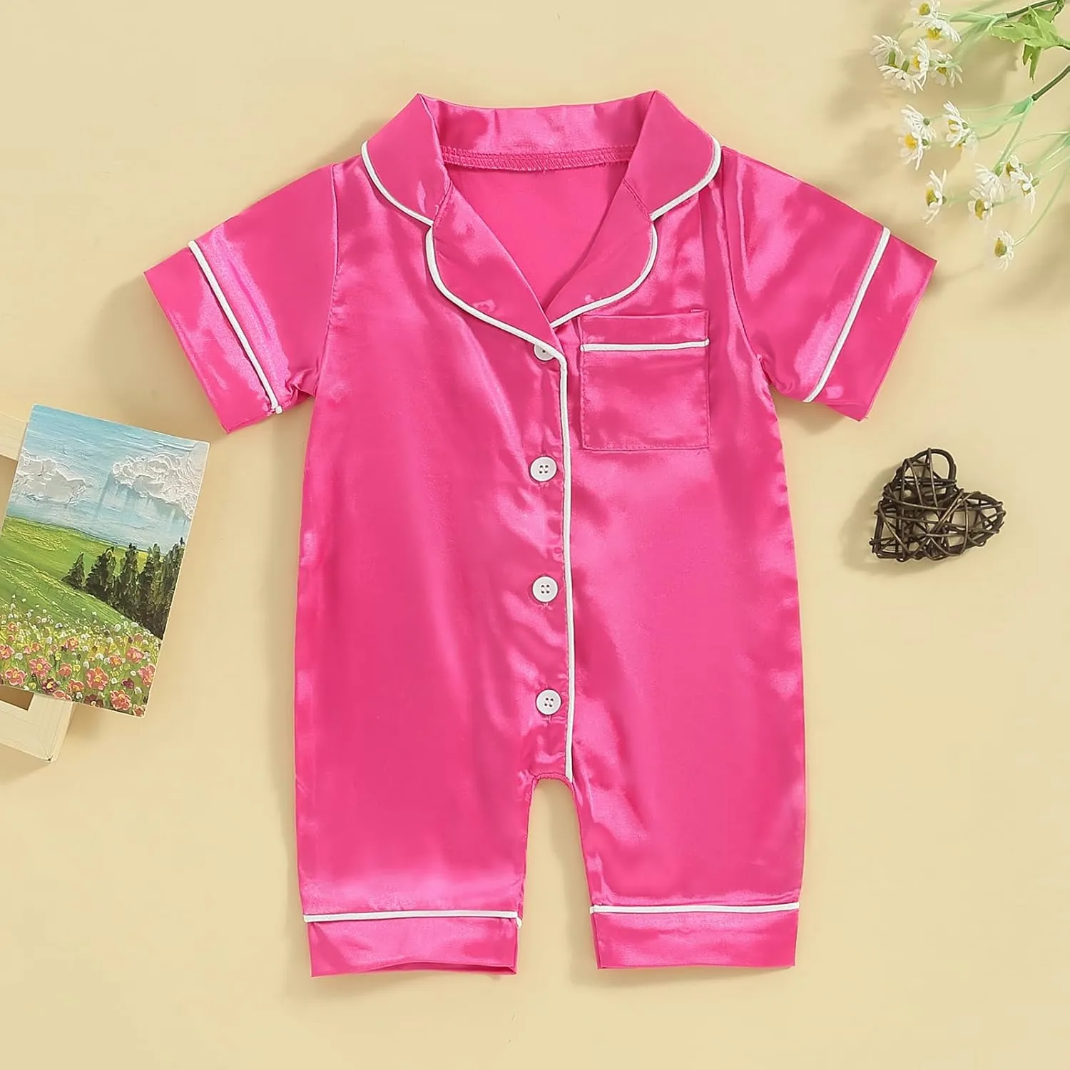 Multitrust Newborn Baby Boy Girl Silk Pajamas Short Sleeve Button Up Satin Pjs One Piece Romper Onesie Shorts Baby Sleepwears