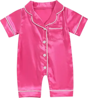 Multitrust Newborn Baby Boy Girl Silk Pajamas Short Sleeve Button Up Satin Pjs One Piece Romper Onesie Shorts Baby Sleepwears