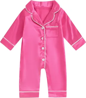 Multitrust Newborn Baby Girl Boy Silk Pajamas Long Sleeve Button Down Satin Infant Pjs One Piece Jumpsuit Loungewear
