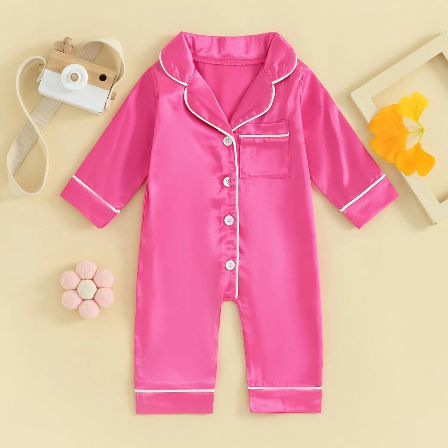 Multitrust Newborn Baby Girl Boy Silk Pajamas Long Sleeve Button Down Satin Infant Pjs One Piece Jumpsuit Loungewear