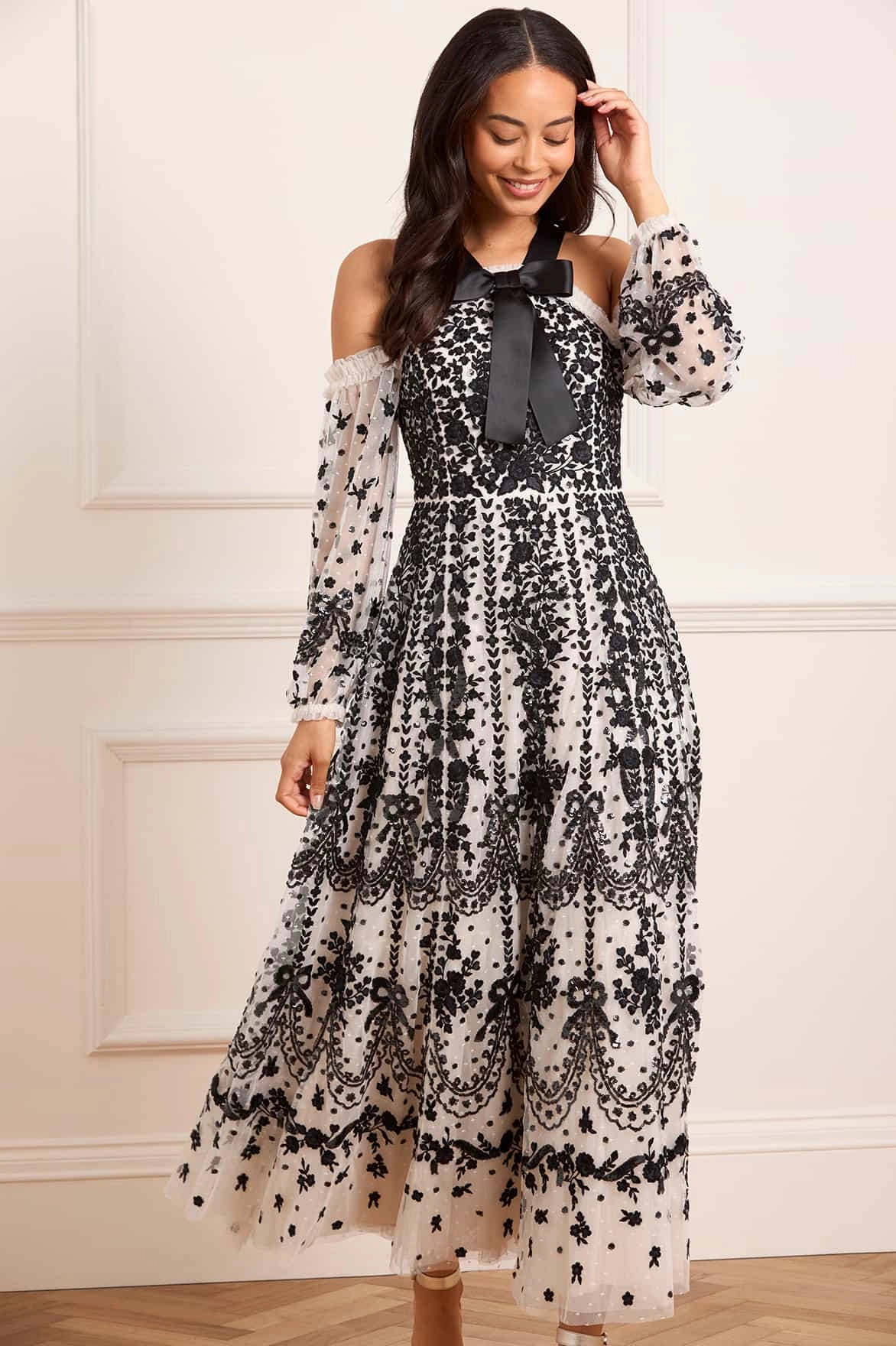 Gentle Drape Adeline Off-Shoulder Ankle Gown