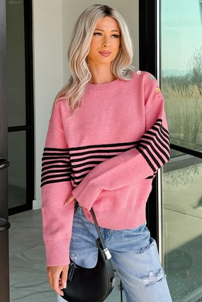 My Favorites Long Sleeve Striped Knit Sweater (Pink/Multi) ErgonomicShape