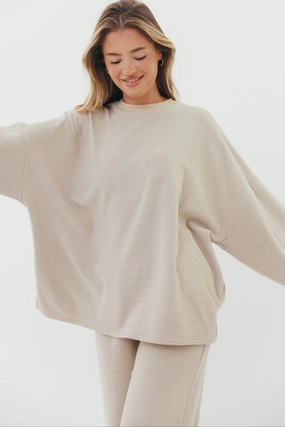 Tubular Body Construction Naomi Oversized Fleece Top in Cream/Grey - Bump Friendly  *Worth Exclusive Print*