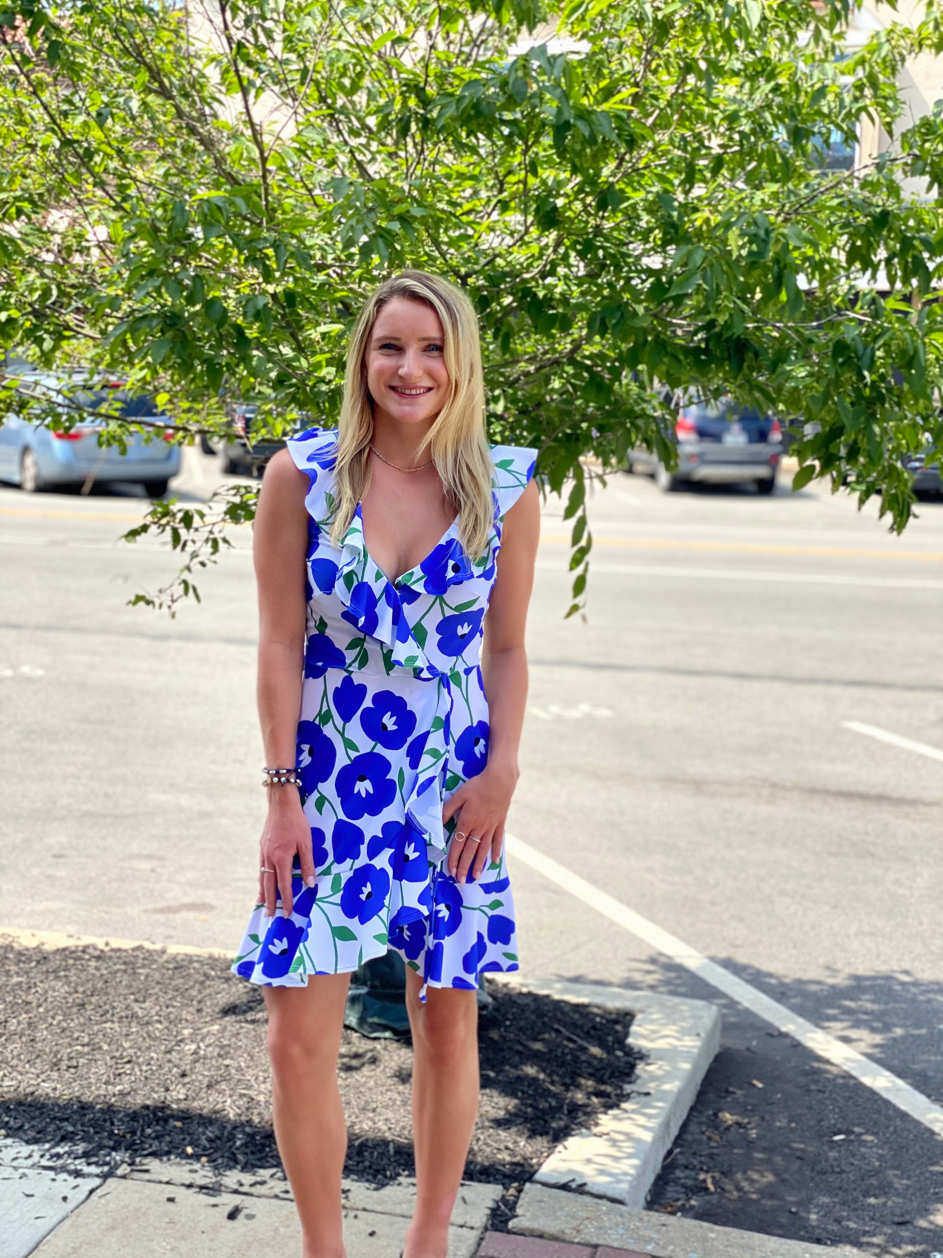 Practical work-to-play piece Brunch Glow Naples Faux Wrap Dress Pop Art Flower