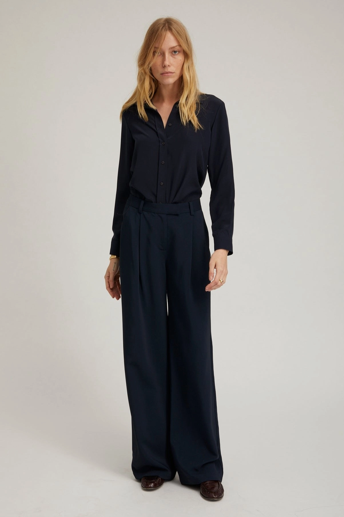 Reinforced Stitching Navy Crepe Straight Leg Pleated Trousers