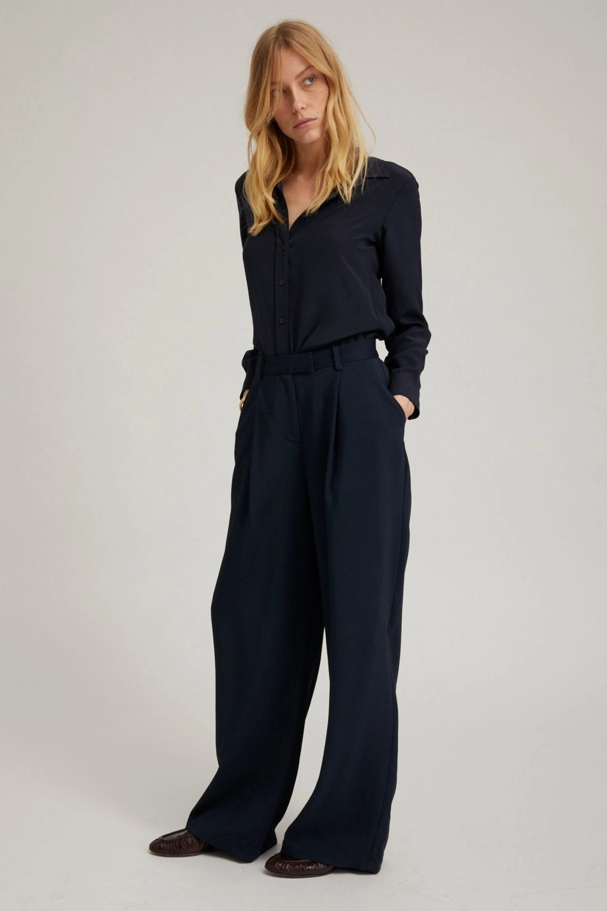 Navy Crepe Straight Leg Pleated Trousers Sleek Fit