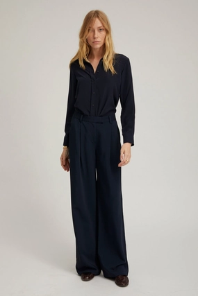 Reinforced Stitching Navy Crepe Straight Leg Pleated Trousers