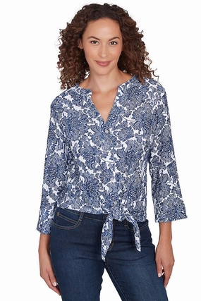 Navy Making Waves Hibiscus Gauze Shirt OdorResistant Cozy Knit