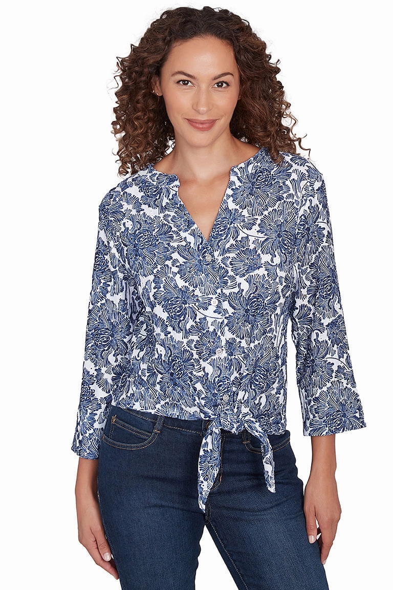 Sheer Overlay Material Adjustable drawstring Navy Making Waves Hibiscus Gauze Shirt