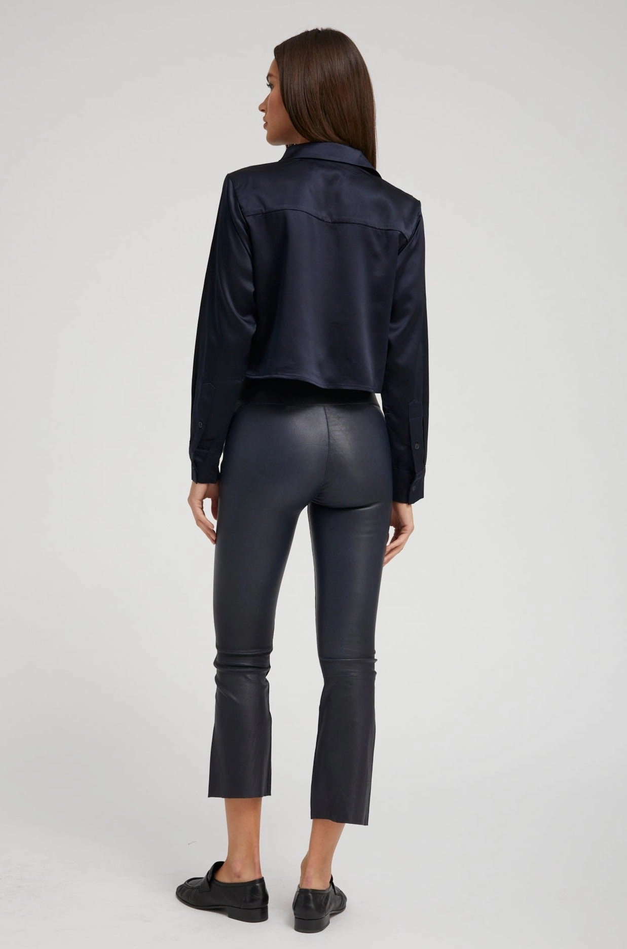 Navy Silk Cropped Button Down All Weather Performance Fabric SlipResistant