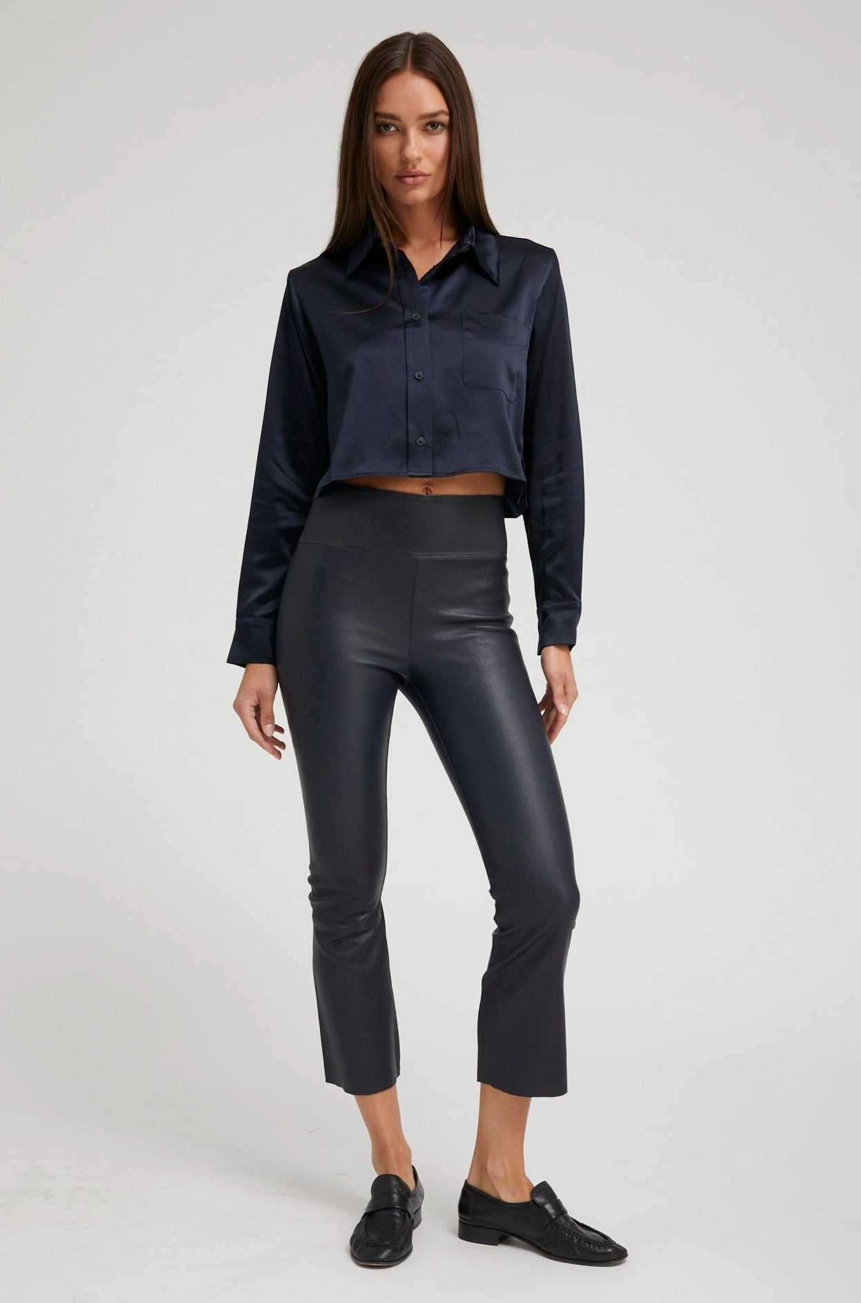 Navy Silk Cropped Button Down Ribbed Knit Fabric