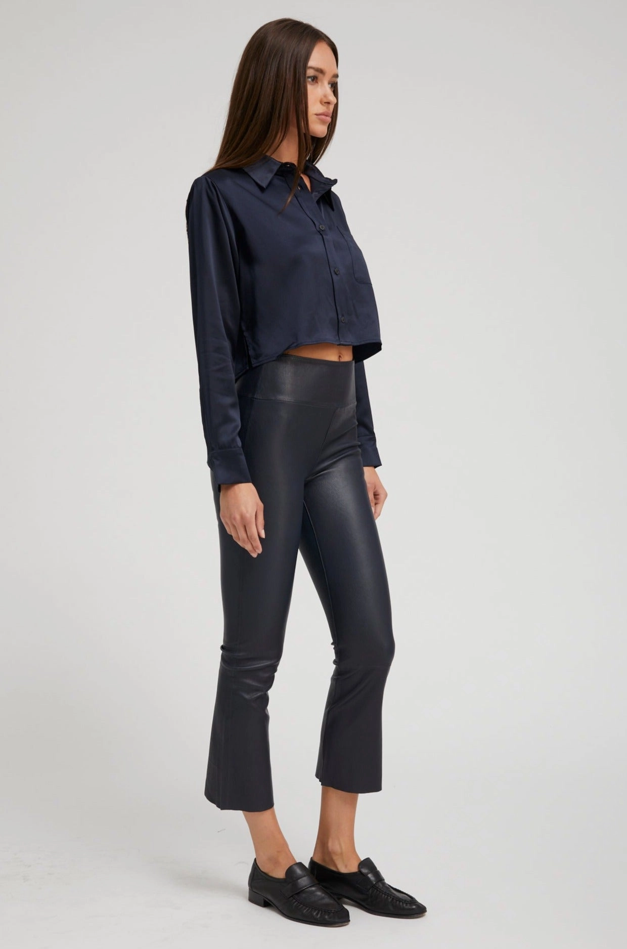 Multi Directional Zipper Placement NonChafingEdges Navy Silk Cropped Button Down