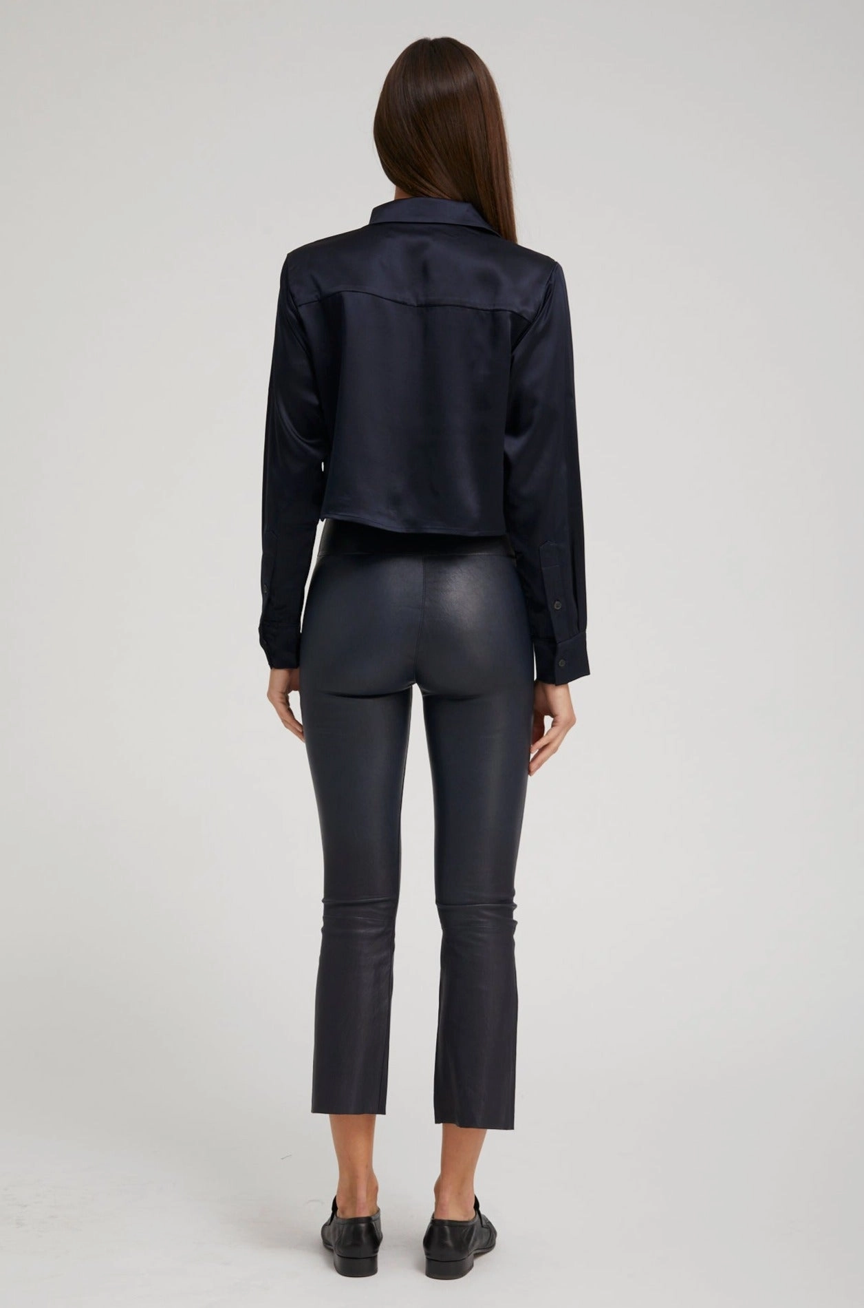 Navy Silk Cropped Button Down Sustainable Waterproofing