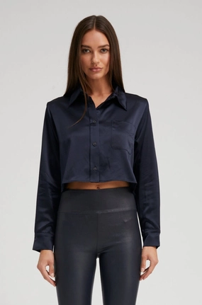 Navy Silk Cropped Button Down Ribbed Hem Finish UltraSoft Blend