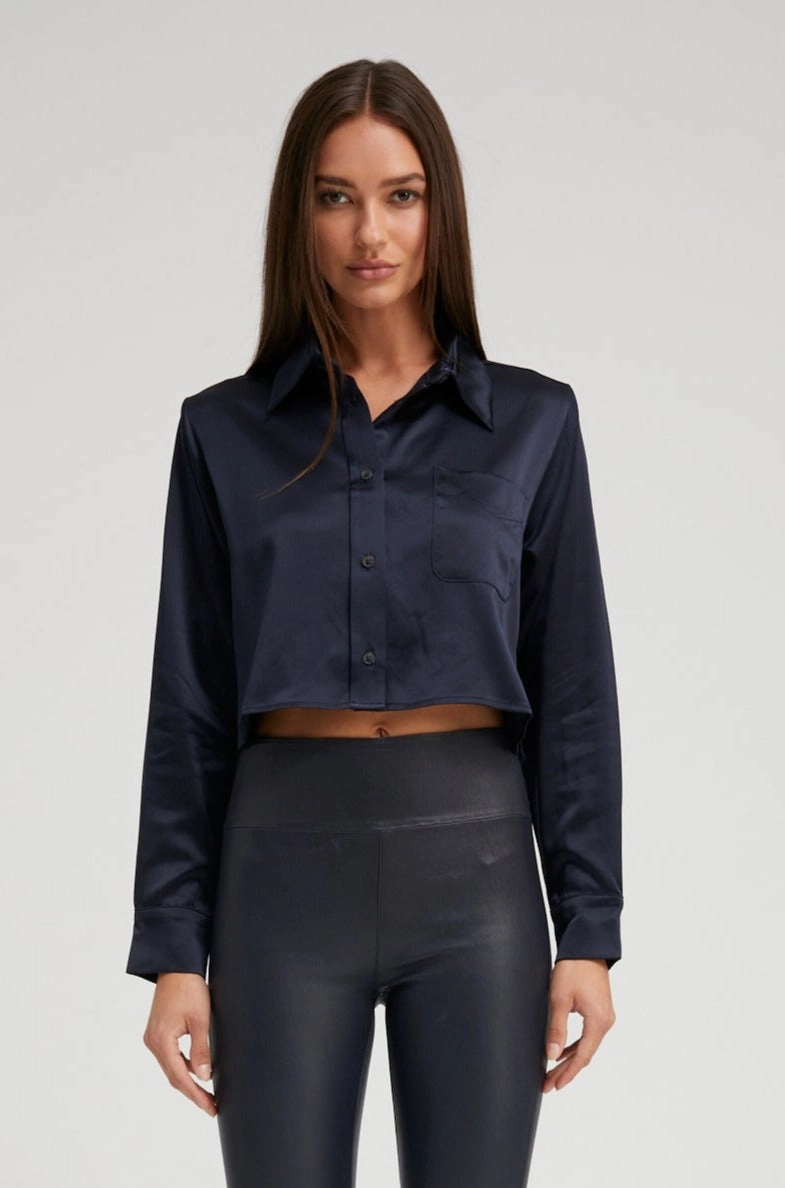 Navy Silk Cropped Button Down Ribbed Hem Finish UltraSoft Blend