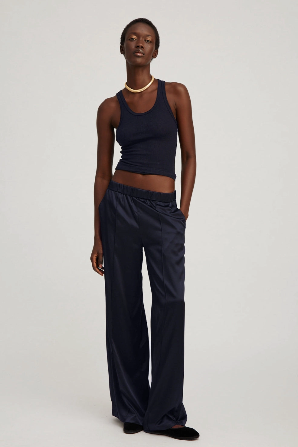 Navy Silk Wide Leg Pintuck Pants Odor Control Tech Soft Design