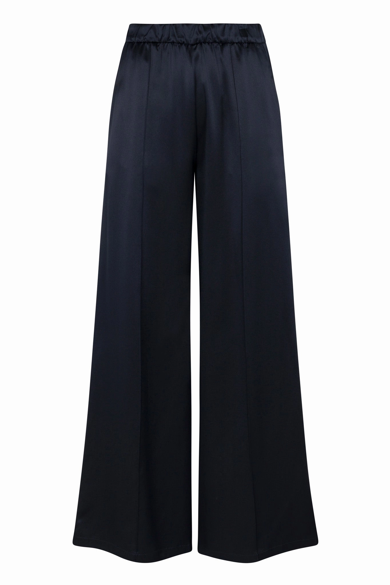 Navy Silk Wide Leg Pintuck Pants Sporty Stretch Fit Chic Fit