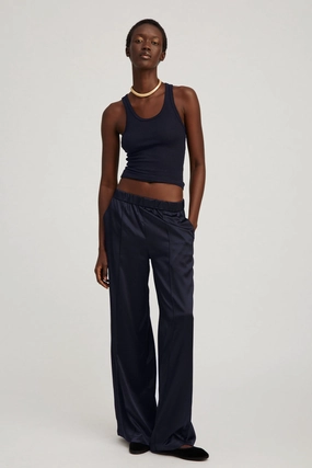 Navy Silk Wide Leg Pintuck Pants Odor Control Tech Soft Design