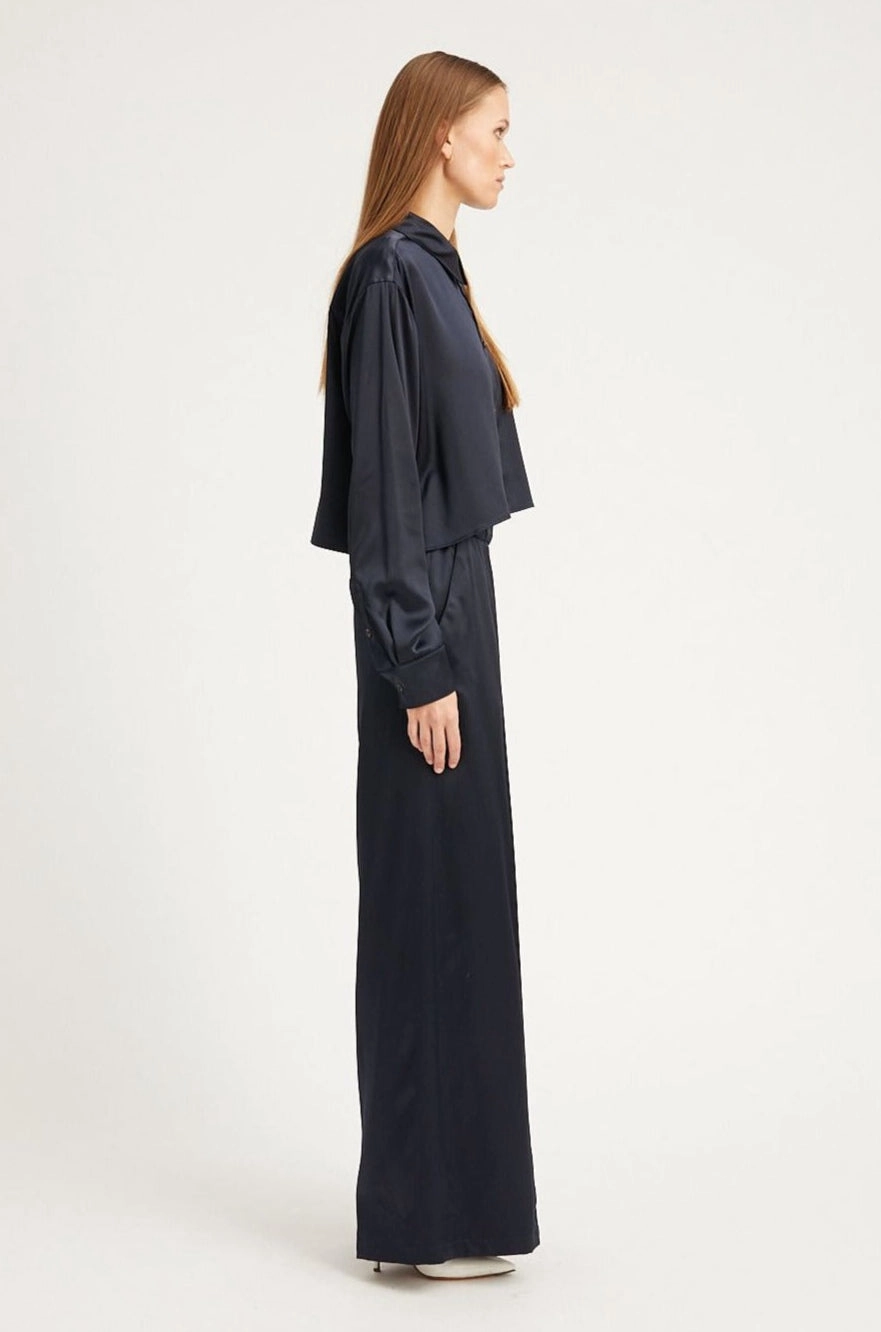Slimline Fit Navy Silk Wide Leg Pintuck Pants