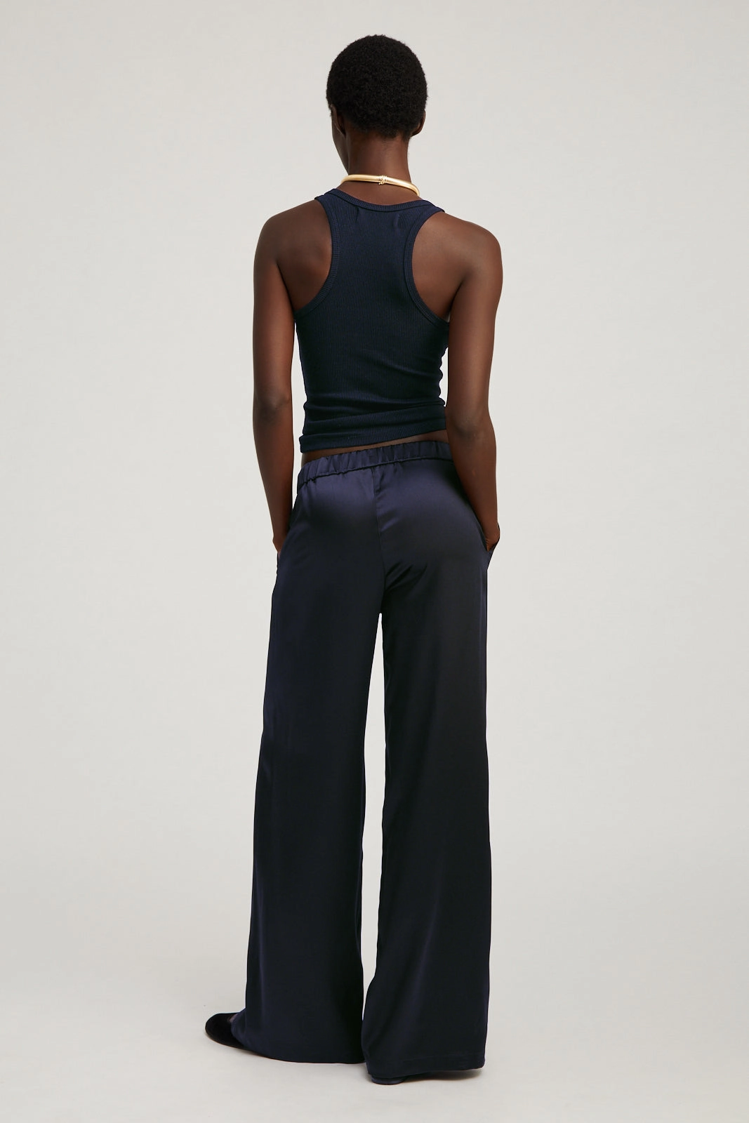 Navy Silk Wide Leg Pintuck Pants Effortless Style