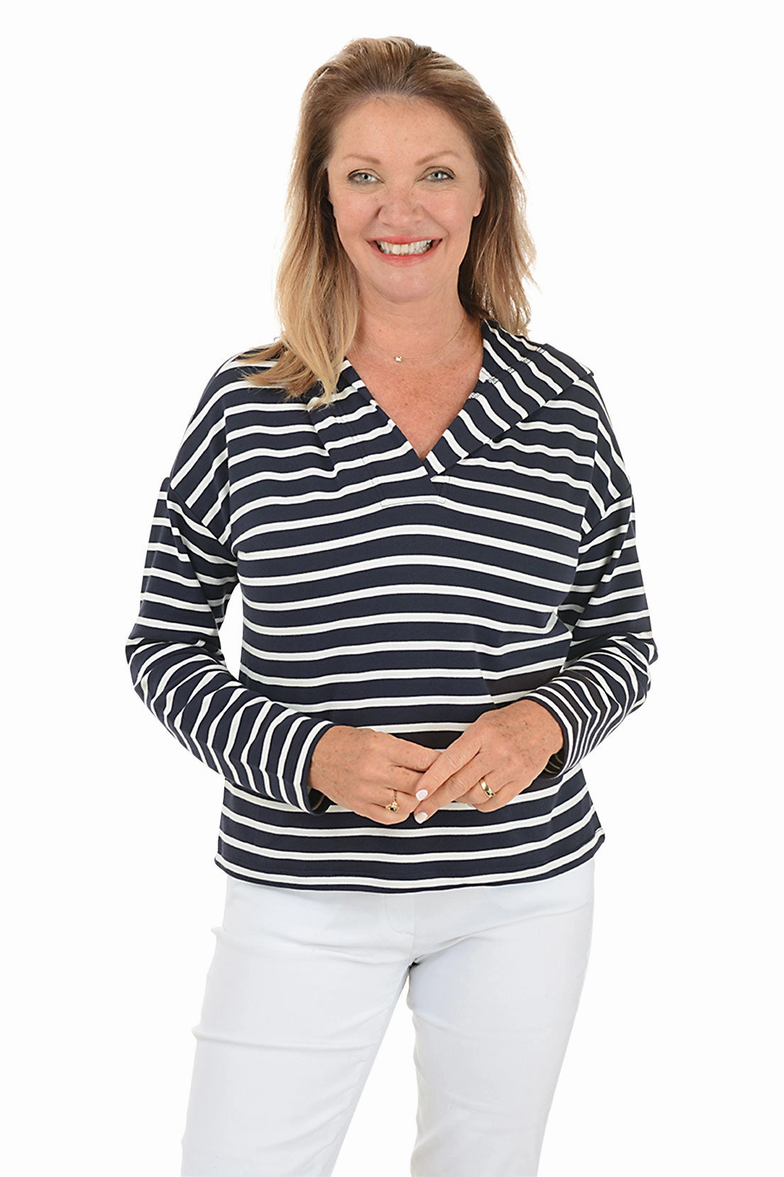 Navy Striped French Terry Hoodie Durable Color Retention