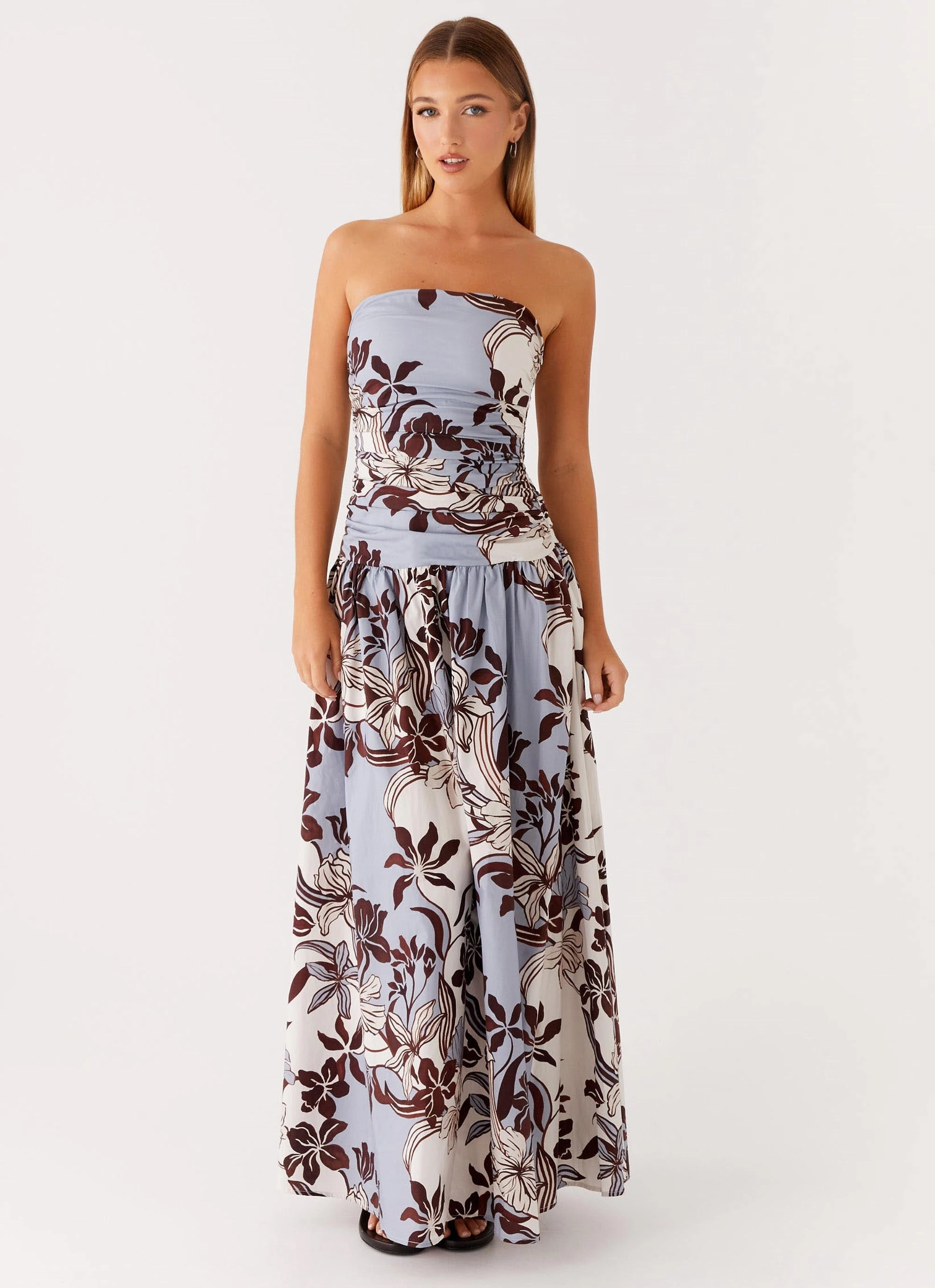 Crisp Finish Embroidered-Detail Carmel Maxi Dress - Bluewood Blossom