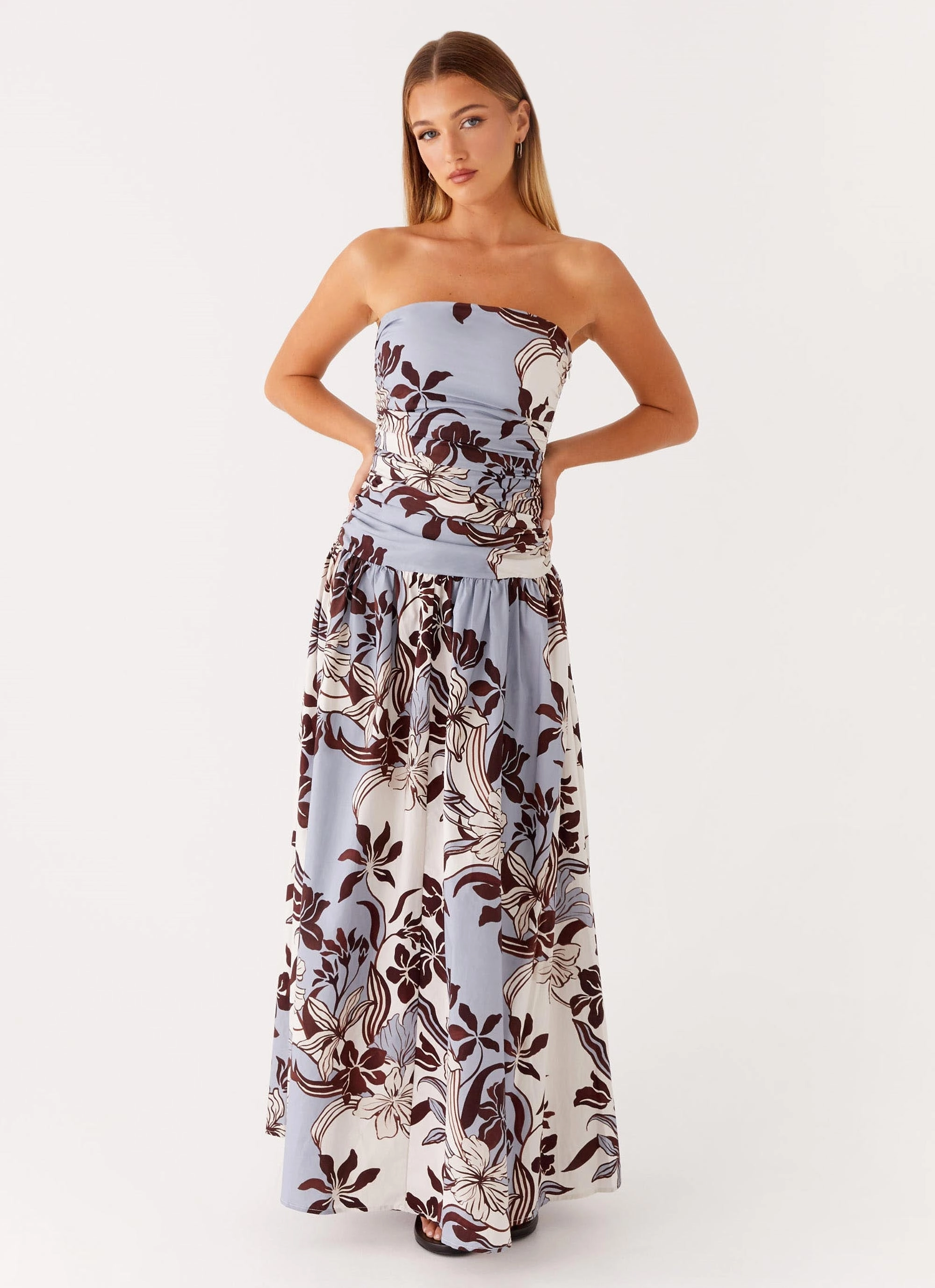 Carmel Maxi Dress - Bluewood Blossom Hidden-Pocket Button Chic