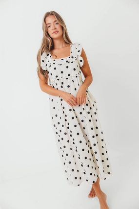 Sleek Touch Shape Retention Julia 100% Cotton Polka Dot Midi Dress in Cream/Black