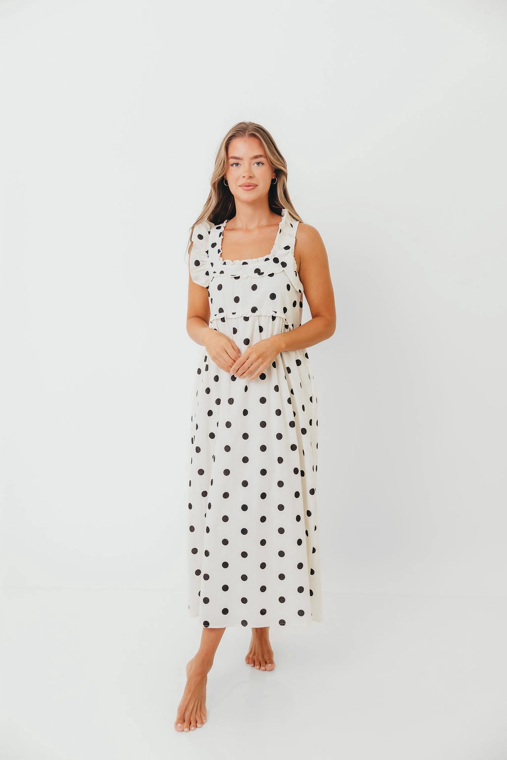 Comfortable Silhouette Julia 100% Cotton Polka Dot Midi Dress in Cream/Black