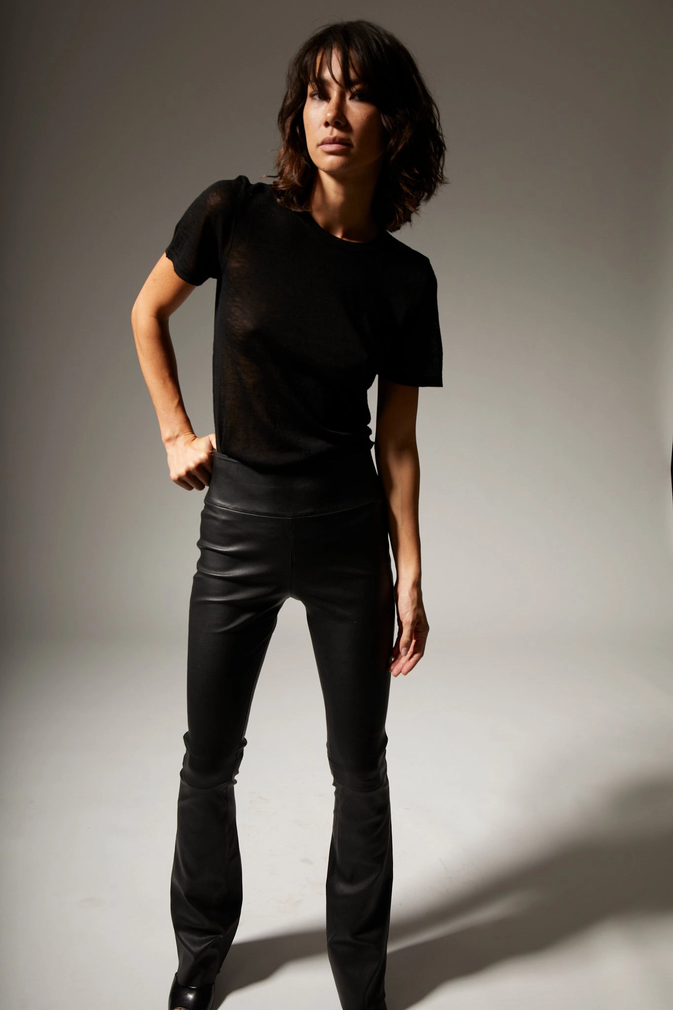 Fast Dry Supportive Waist Black Leather Micro Flare
