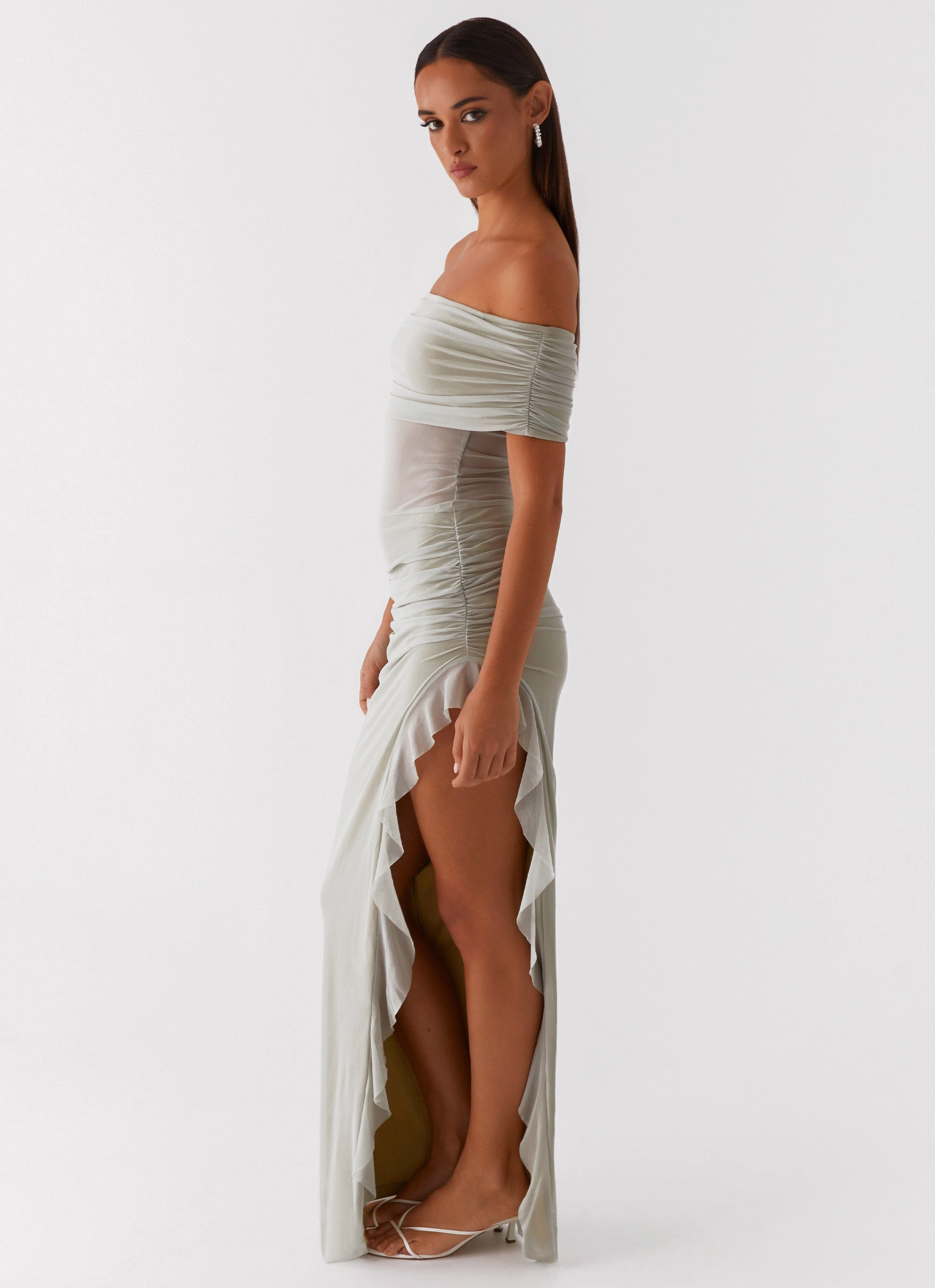 Nelly Off Shoulder Maxi Dress - Pistachio Muted Tones Trendy wrap gown